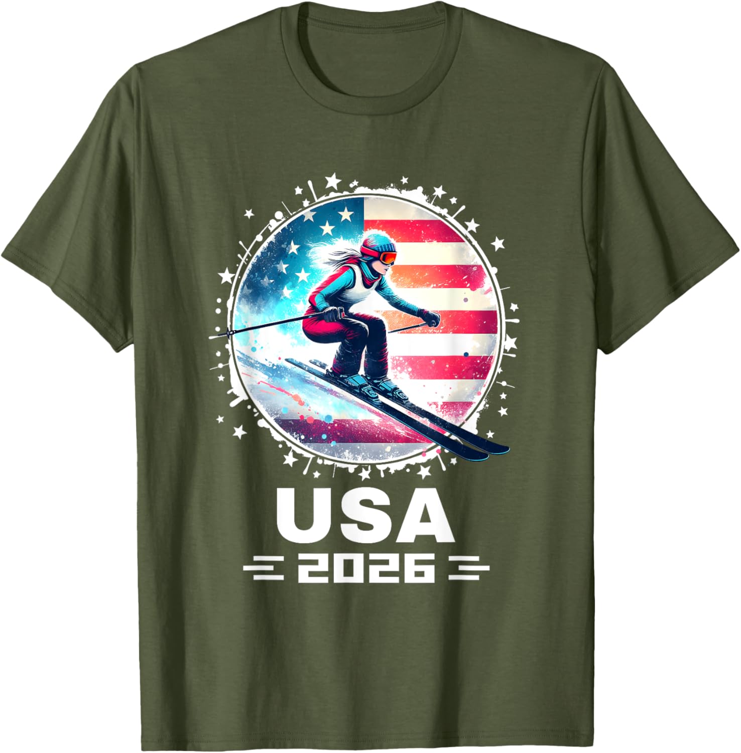 Skier USA Team 2026 Women's American Flag Skiing T-Shirt - 4