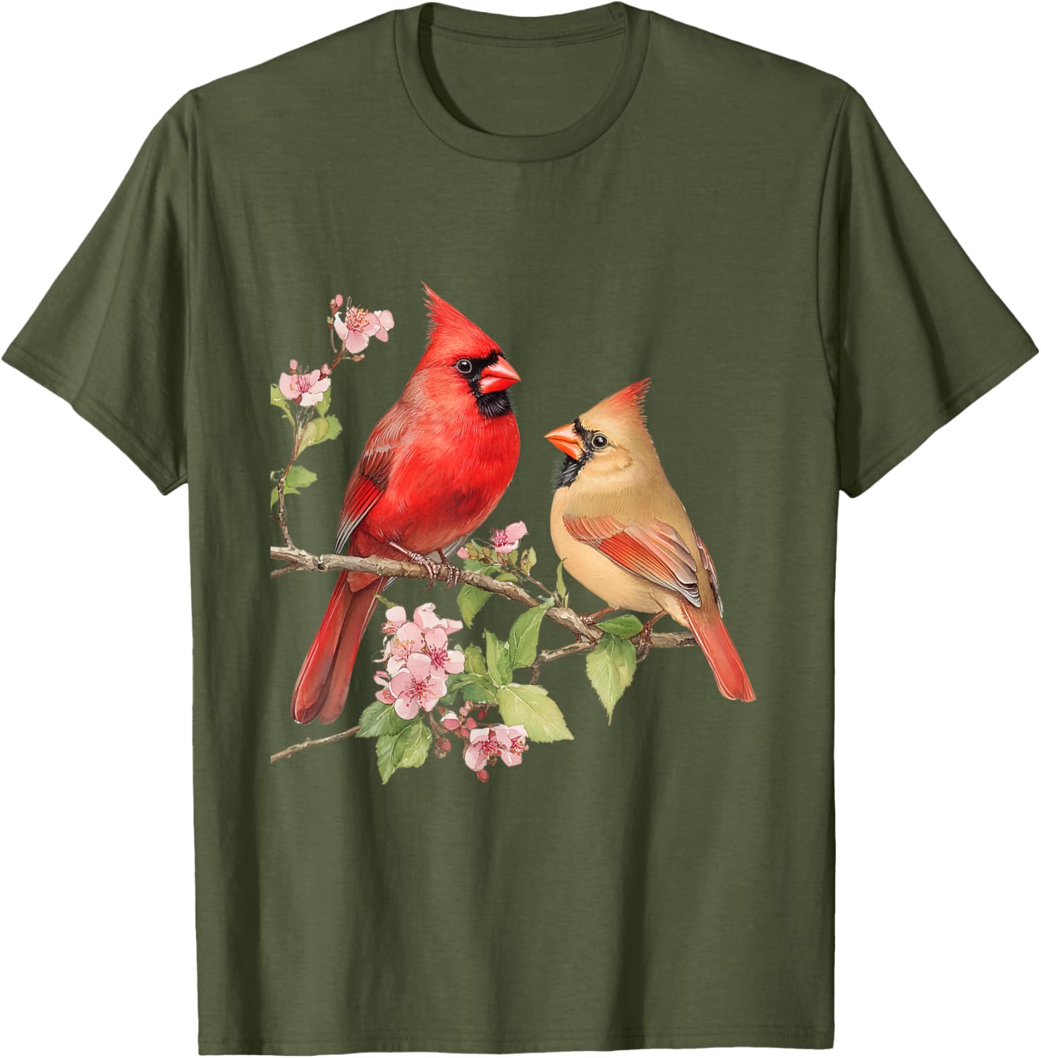 Charming Male and Female Cardinals on Cherry Blossom Branch T-Shirt - 4