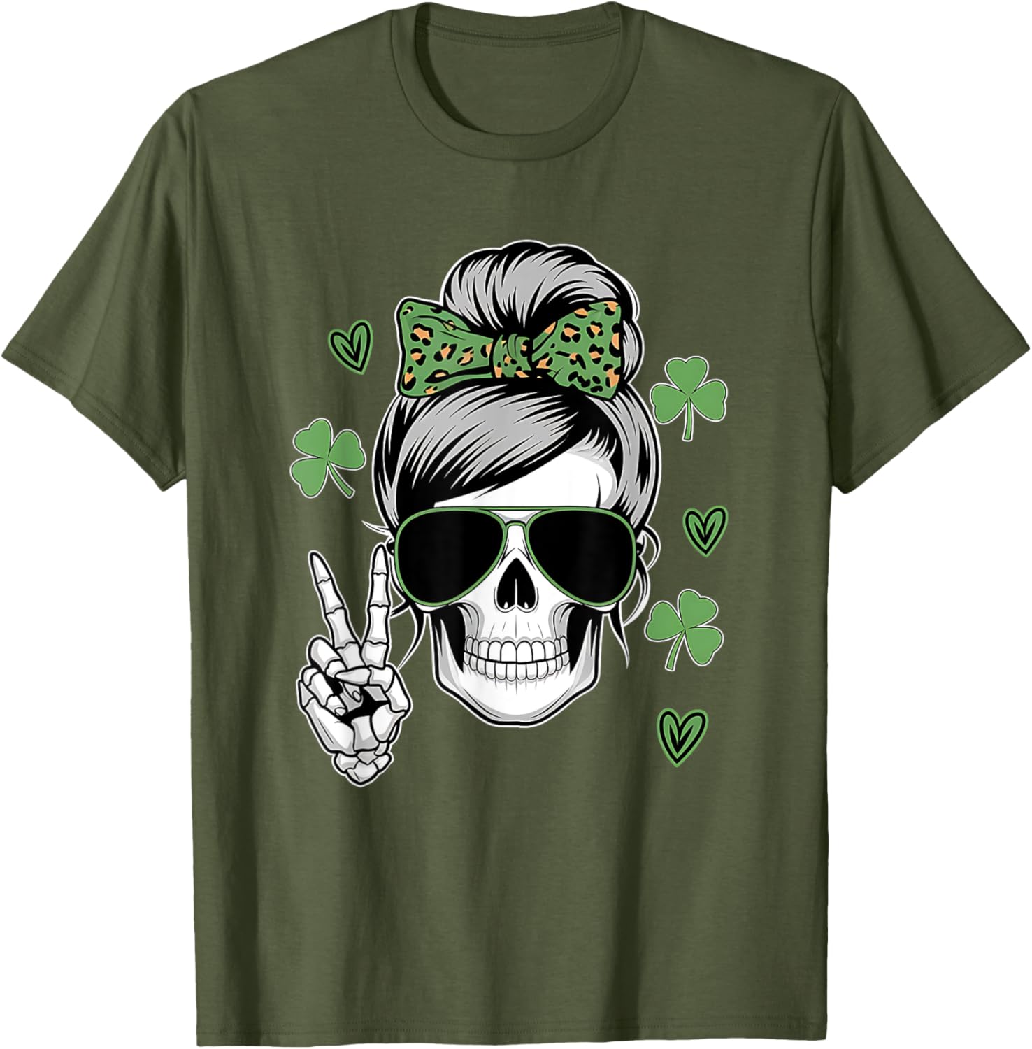 St Patricks Day Skull Messy Bun T-Shirt for Women - Fun and Stylish Wear - 11
