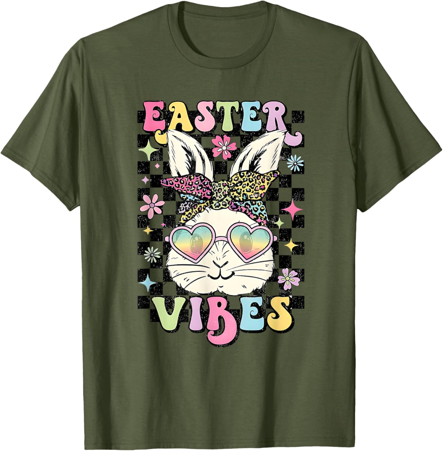 Retro Groovy Easter Vibes Bunny Checkered T-Shirt for Women and Girls - 11