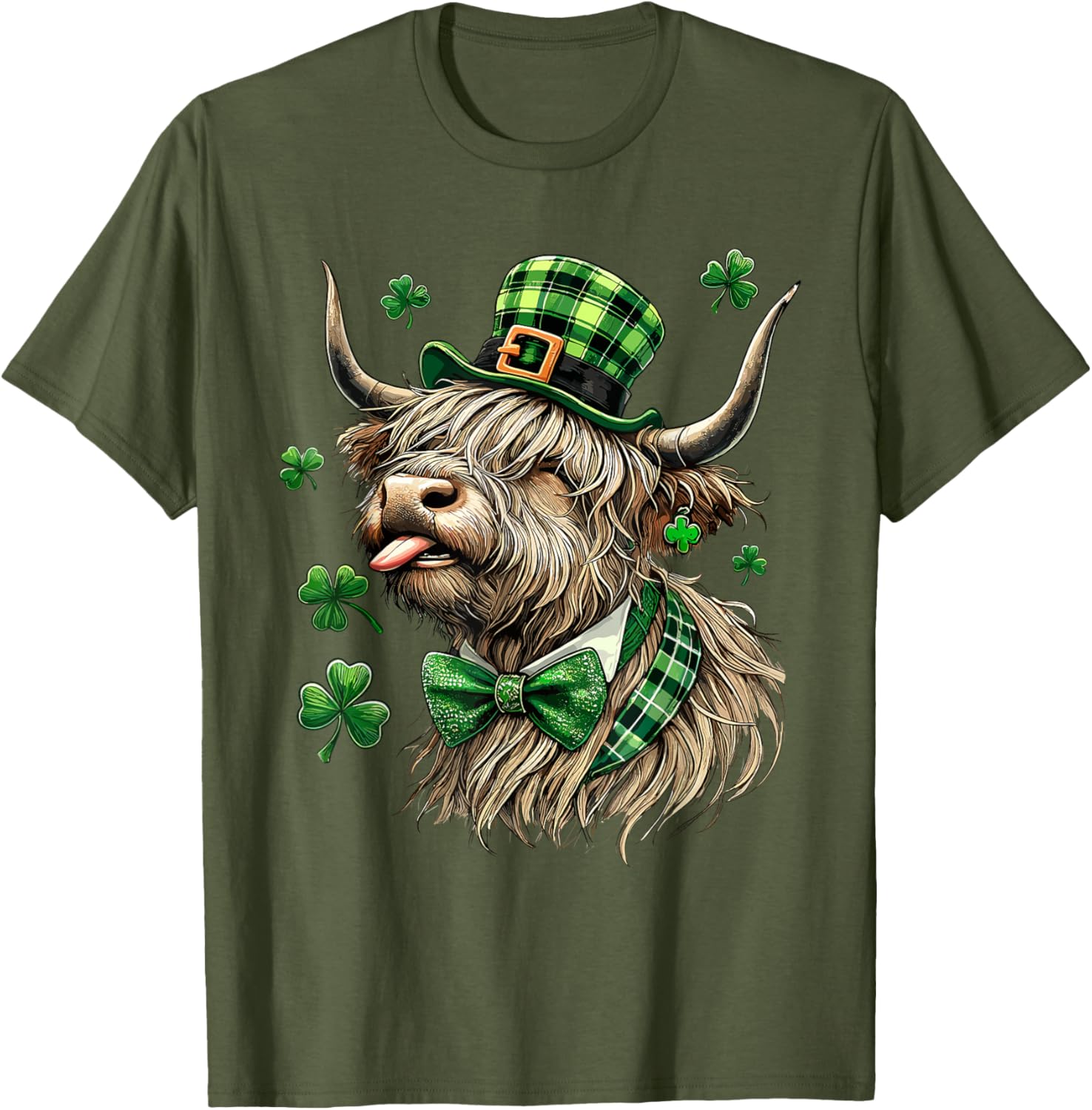 St. Patrick's Day Highland Cow T-Shirt with Lucky Shamrock Design - 3