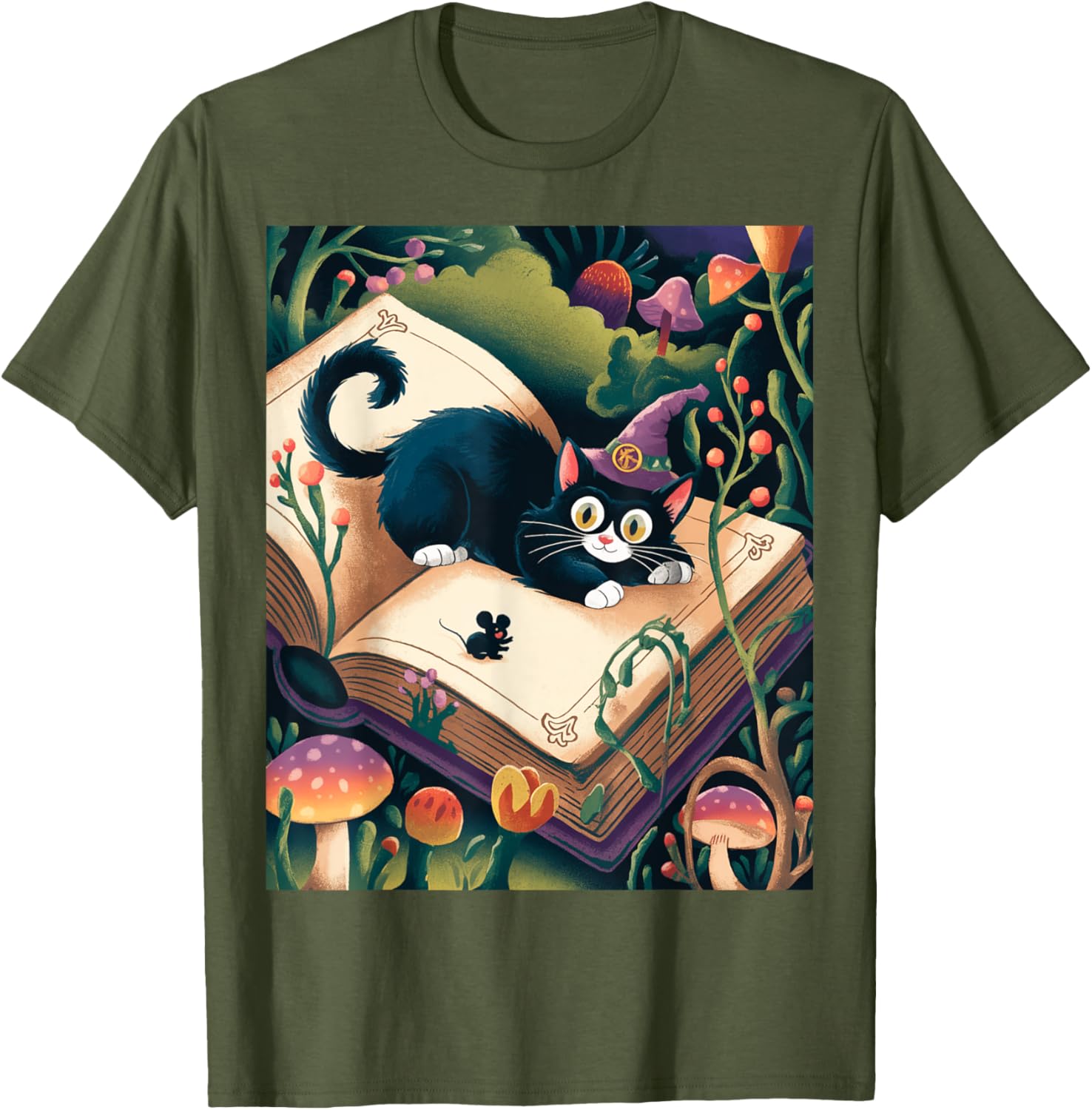 Enchanted Night Mystical Cat on Book T-Shirt for Cat Lovers - 1