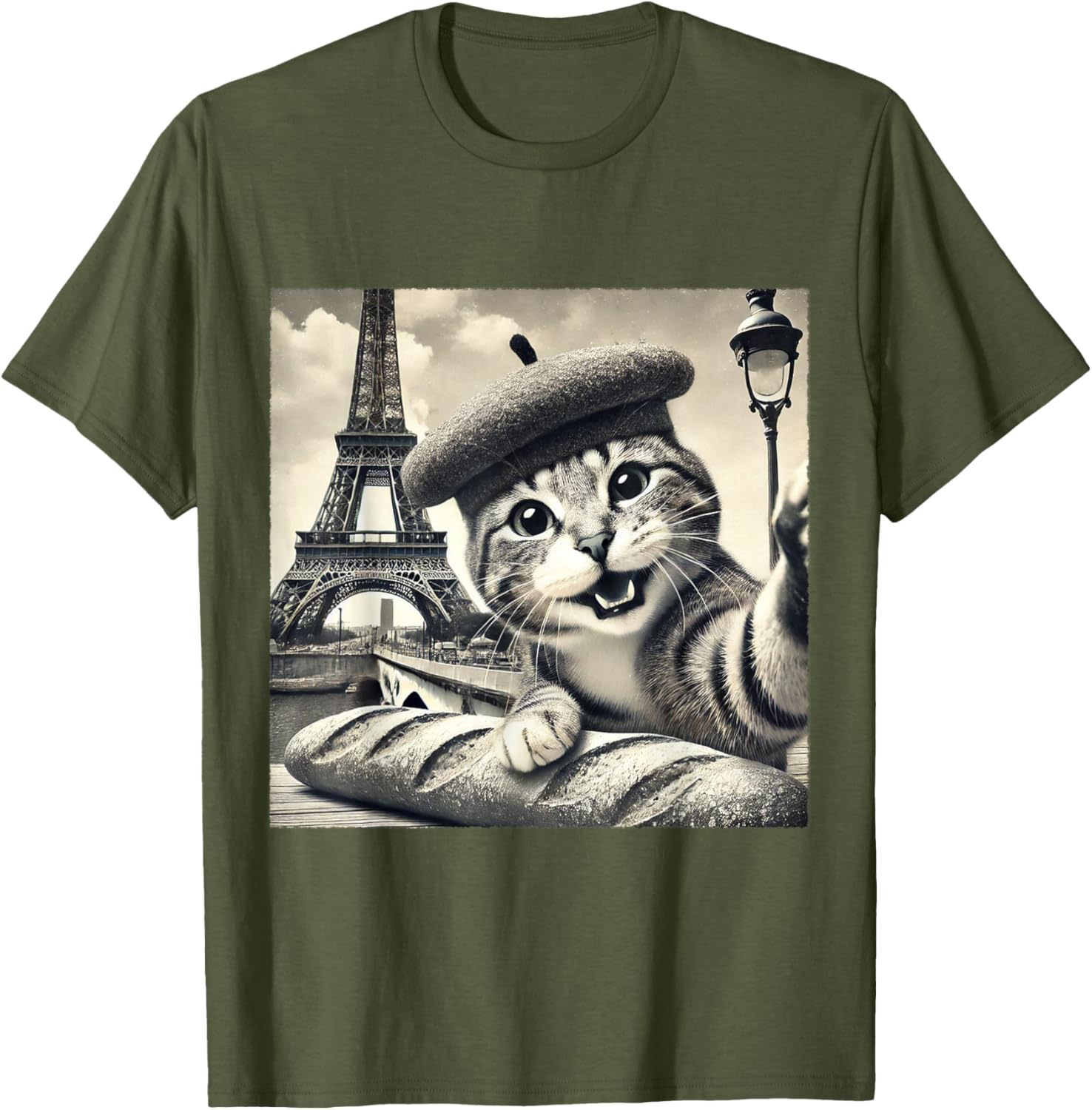 Funny Paris Cat in Beret with Baguette Eiffel Tower T-Shirt for Cat Lovers - 12