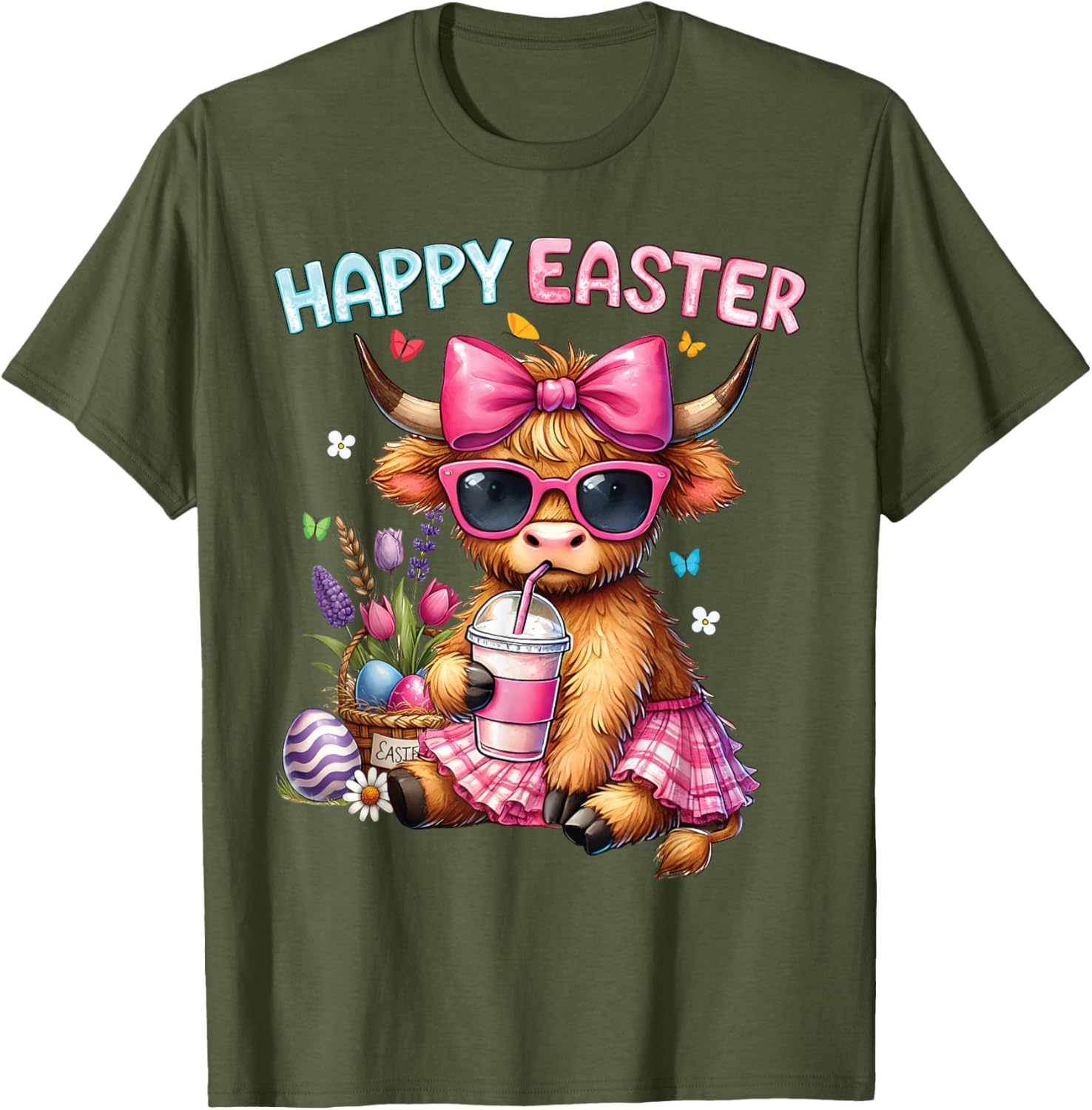 Happy Easter Highland Cow Bunny T-Shirt for Women and Kids - 20