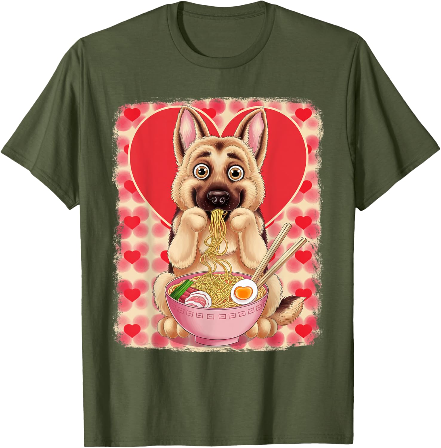Adorable German Shepherd Eating Ramen Noodles Valentine's Day T-Shirt - 11