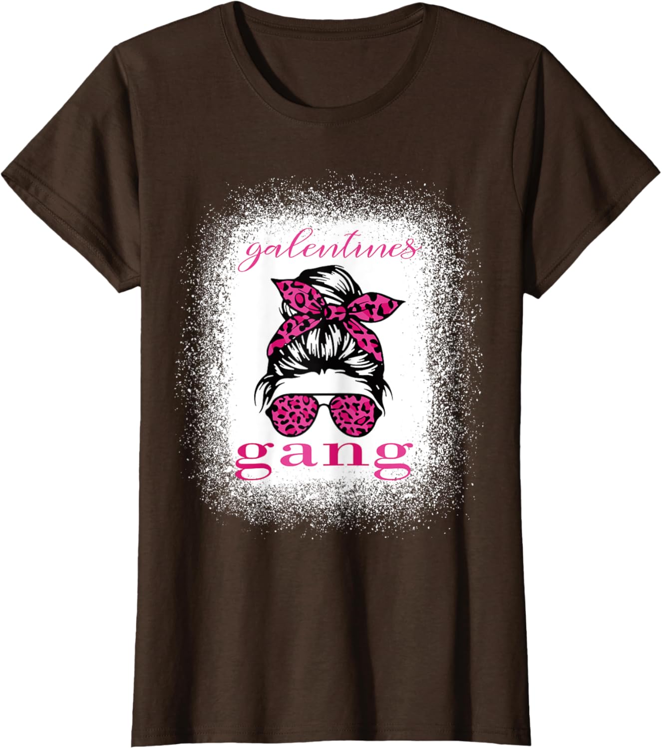 Galentine Gang Matching T-Shirt with Messy Bun Leopard Bleached Design - 14