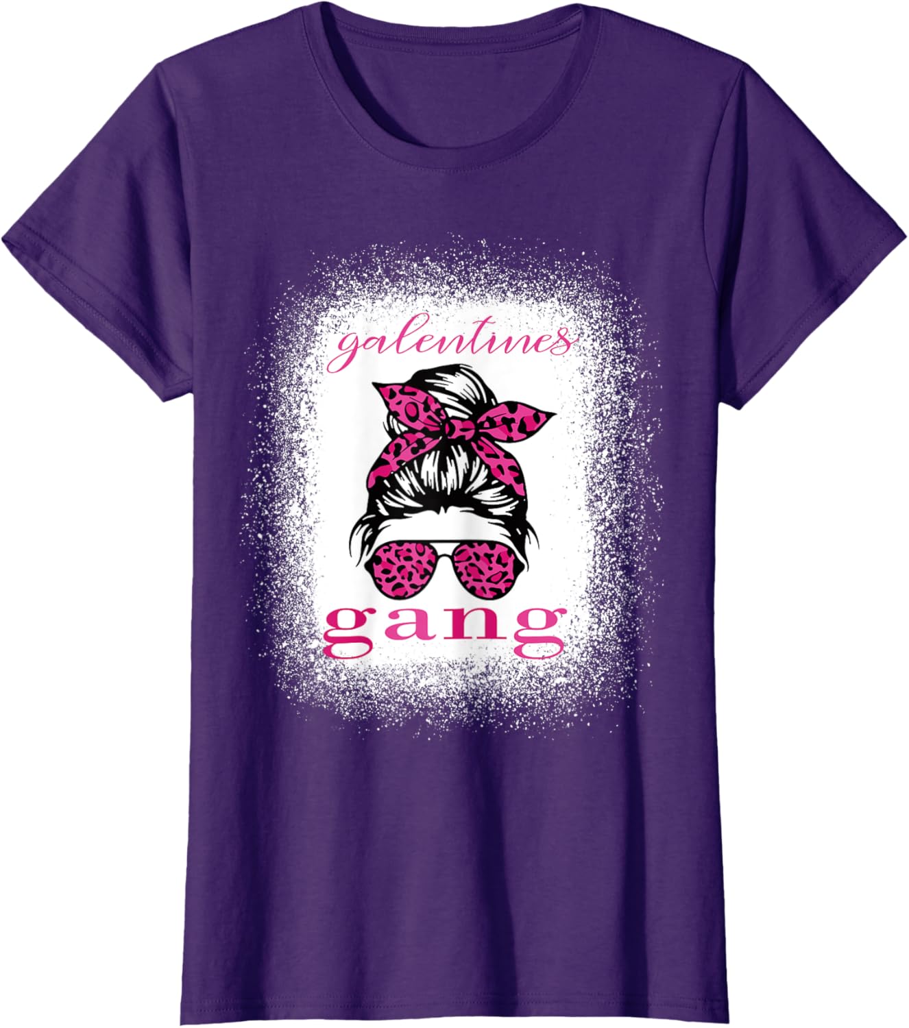 Galentine Gang Matching T-Shirt with Messy Bun Leopard Bleached Design - 21