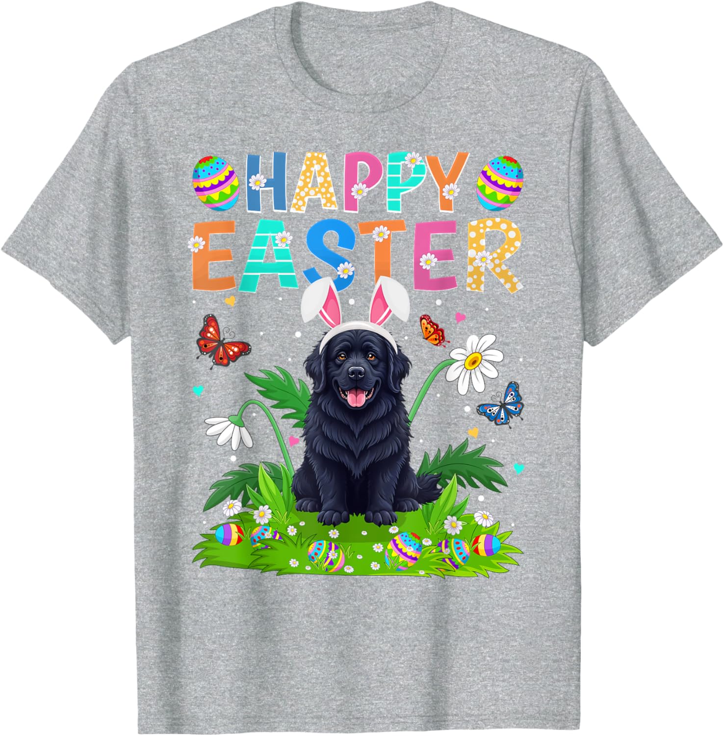 Newfoundland Dog Easter Egg Hunt T-Shirt with Bunny Ears Design - 14