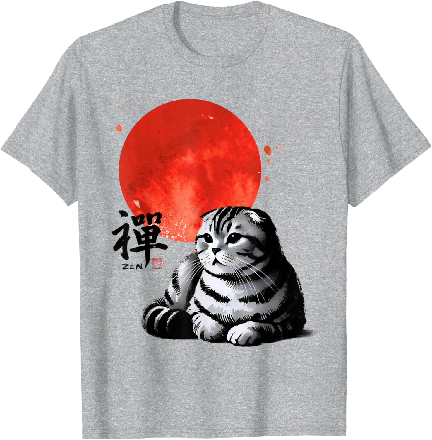 Scottish Fold Cat Sumi-e Art T-Shirt with Japanese Red Sun Design - 2