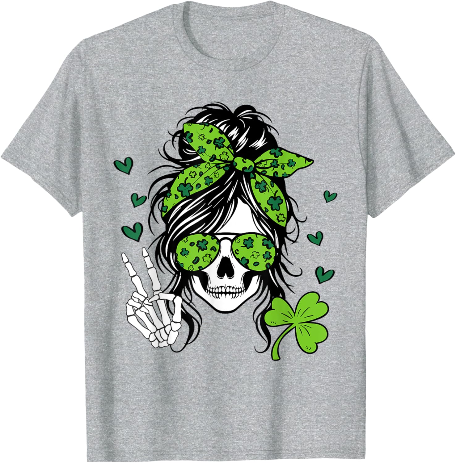 Lucky Irish Skull Girl T-Shirt for St. Patrick's Day with Messy Bun Design - 5