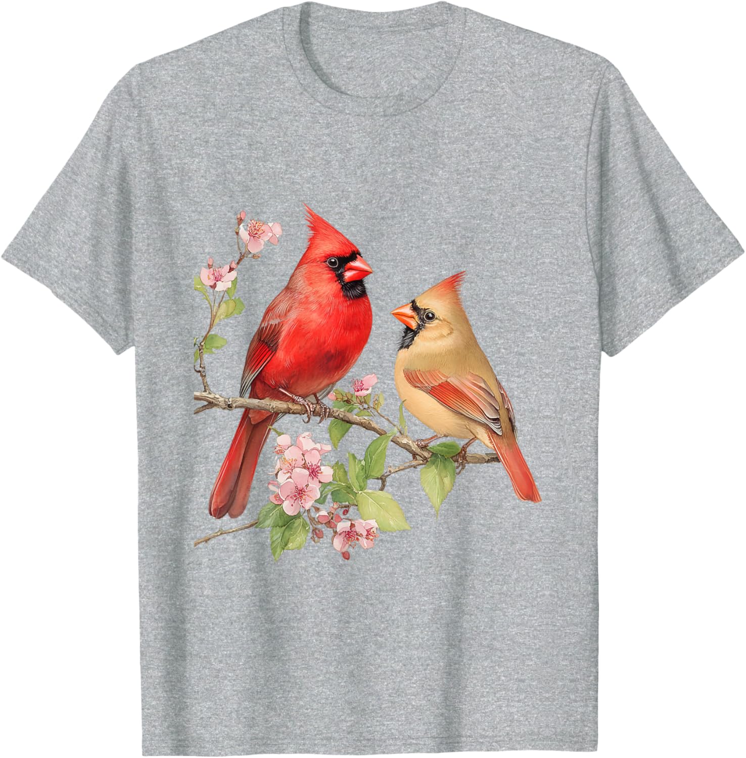 Charming Male and Female Cardinals on Cherry Blossom Branch T-Shirt - 2