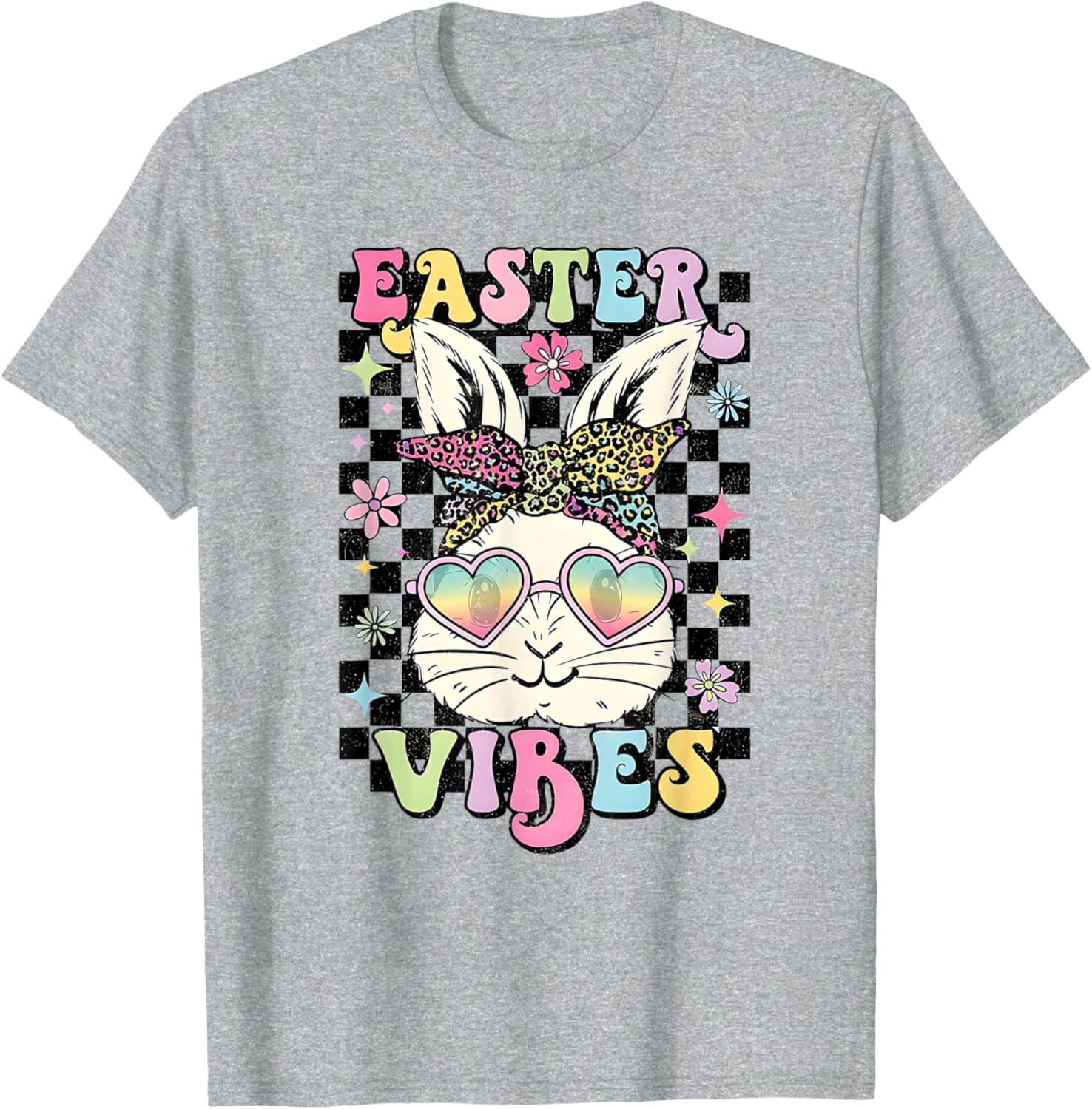 Retro Groovy Easter Vibes Bunny Checkered T-Shirt for Women and Girls - 10