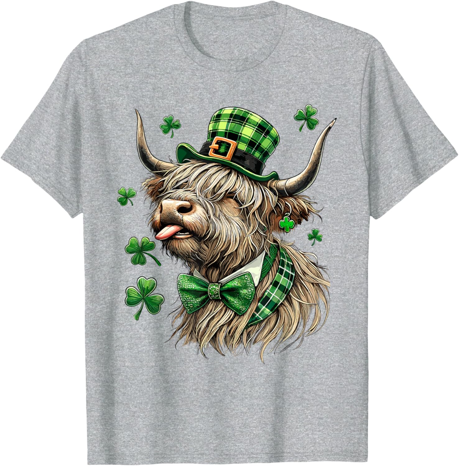 St. Patrick's Day Highland Cow T-Shirt with Lucky Shamrock Design - 23
